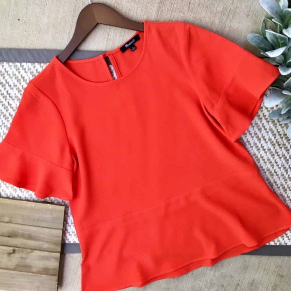 Madewell Flare Hem Short Sleeve Red Blouse